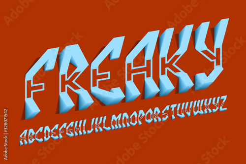 Volumetric freaky alphabet of unusual blue letters. 3d display oblique font. Isolated english alphabet.