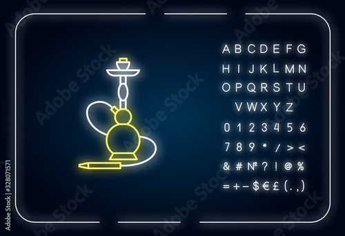 Hookah neon light icon. Sheesha house. Egyptian relaxation. Nargile lounge. Smoking area. Outer glowing effect. Sign with alphabet, numbers and symbols. Vector isolated RGB color illustration