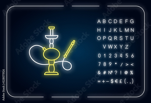 Hookah neon light icon. Sheesha house. Traditional shisha. Nargile lounge. Smoking area. Outer glowing effect. Sign with alphabet, numbers and symbols. Vector isolated RGB color illustration