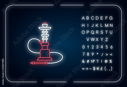 Hookah neon light icon. Sheesha house. Flavored turkish hooka. Nargile lounge. Smoking area. Outer glowing effect. Sign with alphabet, numbers and symbols. Vector isolated RGB color illustration