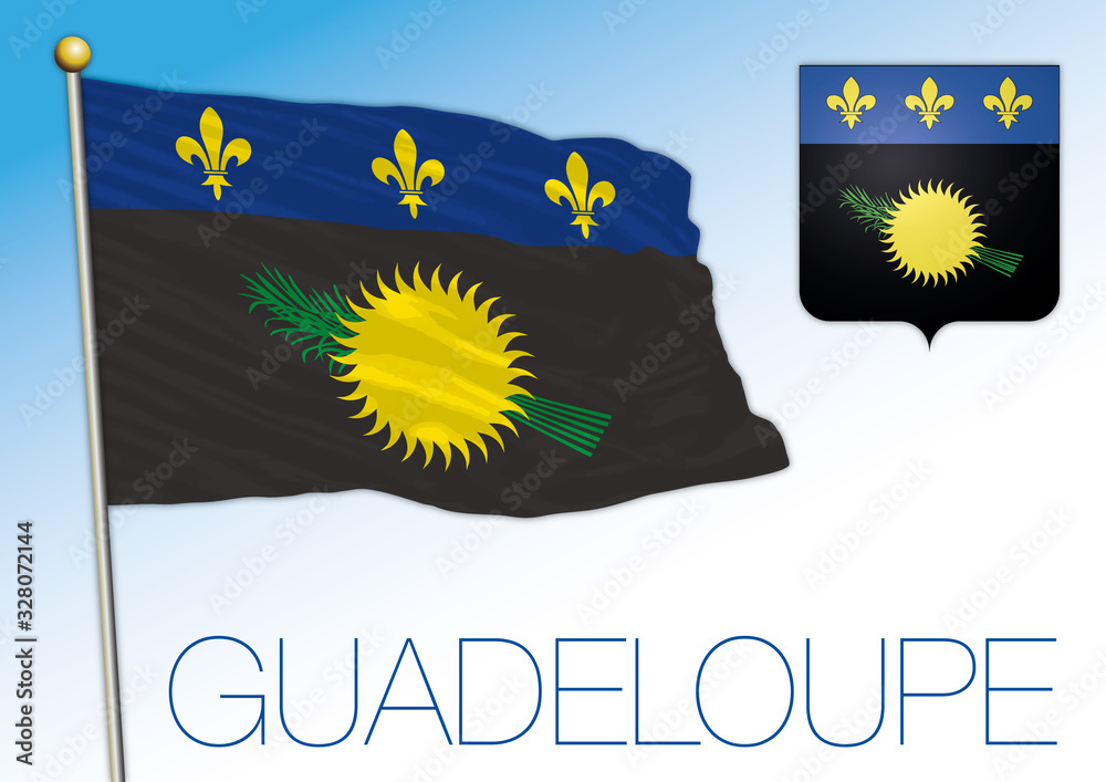 Guadeloupe official national flag and coat of arms, central america, vector  illustration Stock Vector