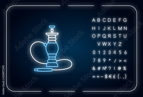 Hookah neon light icon. Sheesha house. Smoke pipe and relax indoors. Nargile lounge. Outer glowing effect. Sign with alphabet, numbers and symbols. Vector isolated RGB color illustration