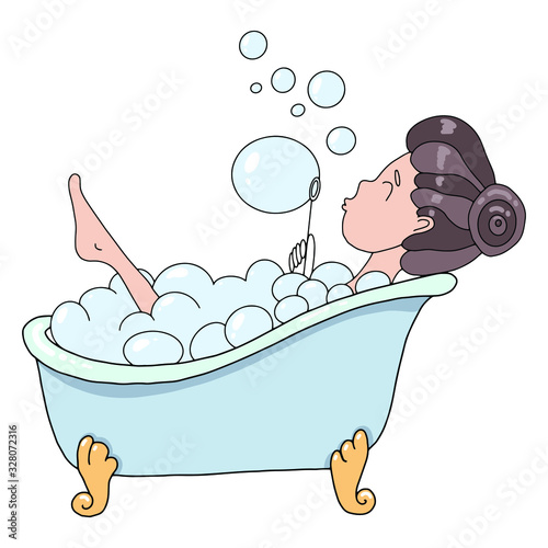Woman taking a bath with bubble. Hygiene and beauty. Girl wash body. Isolated vector illustration in cartoon style.