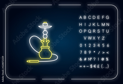 Hookah neon light icon. Sheesha house. Hooka accessories shop. Nargile lounge. Odor from pipe. Outer glowing effect. Sign with alphabet, numbers and symbols. Vector isolated RGB color illustration