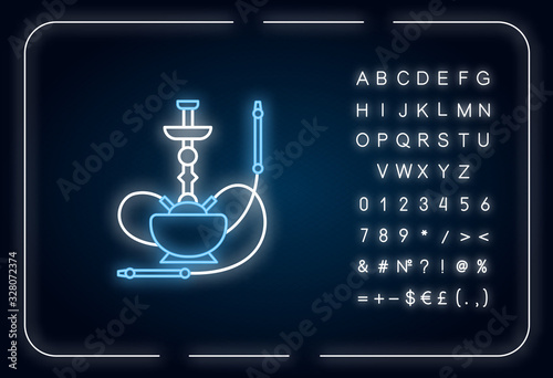 Hookah neon light icon. Sheesha house. Nargile lounge. Odor from pipe. Smoking area. Round base. Outer glowing effect. Sign with alphabet, numbers and symbols. Vector isolated RGB color illustration