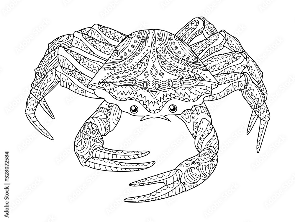 Antistress coloring page for adults with sea crab. Black white hand