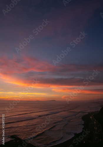 Sunset at Miraflores coast. Lima Peru.