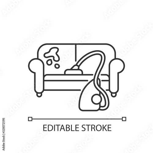 Furniture dry cleaning pixel perfect linear icon. Laundry service, furnishing delicate cleaning. Thin line customizable illustration. Contour symbol. Vector isolated outline drawing. Editable stroke