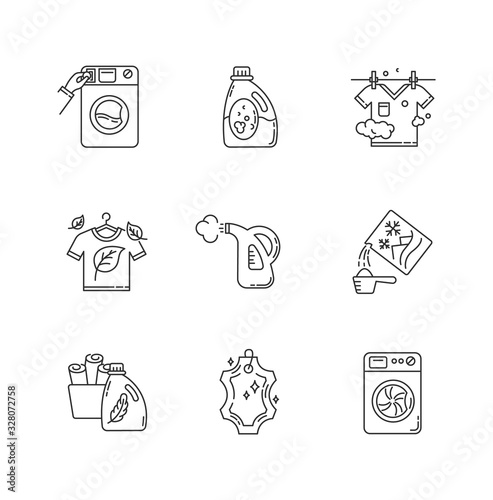 Laundry types pixel perfect linear icons set. Coin wash service, washer, steam and eco dry cleaning. Customizable thin line contour symbols. Isolated vector outline illustrations. Editable stroke
