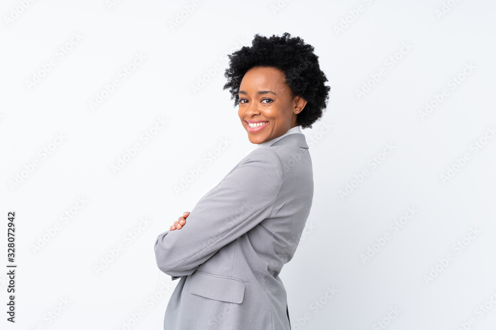 African american business woman over isolated white background laughing