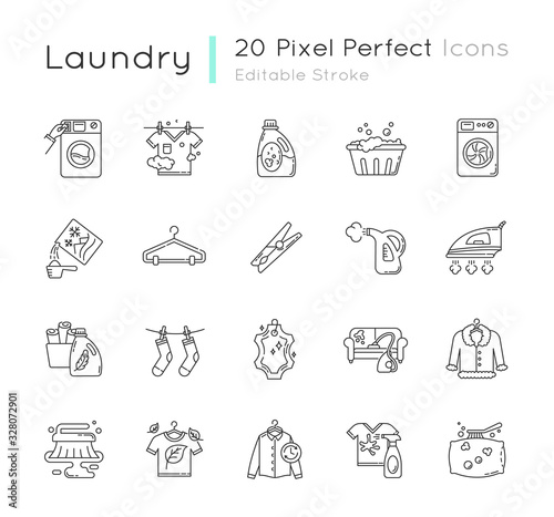 Laundry types and equipment pixel perfect linear icons set. Laundromat, wet and dry cleaning. Customizable thin line contour symbols. Isolated vector outline illustrations. Editable stroke