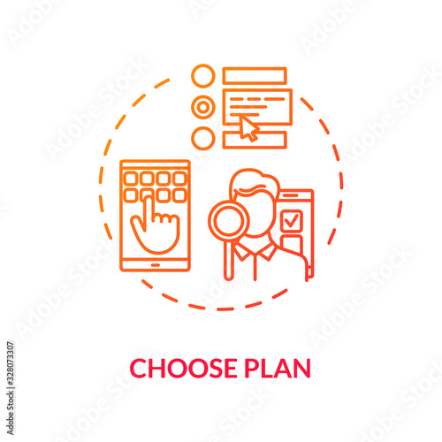 Choose plan red concept icon. Select subscription option. Internet tariff management. Look at service list. Roaming idea thin line illustration. Vector isolated outline RGB color drawing