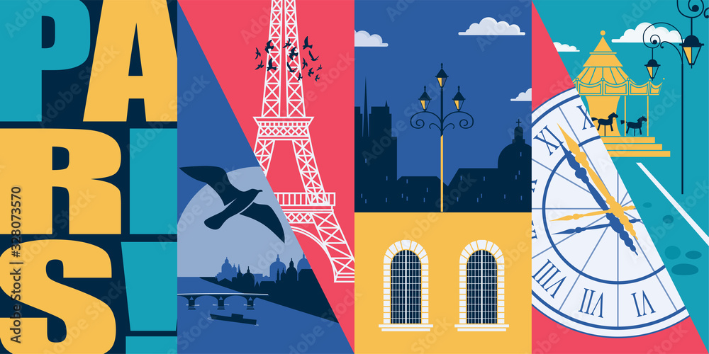 Fototapeta Paris, France vector skyline illustration, postcard. Travel to Paris modern flat graphic design element