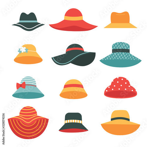 Set of beautiful women's summer hats.Hats with wide and narrow brims. A fashion accessory for a vacation at sea in hot countries .Flat vector illustration isolated on white background