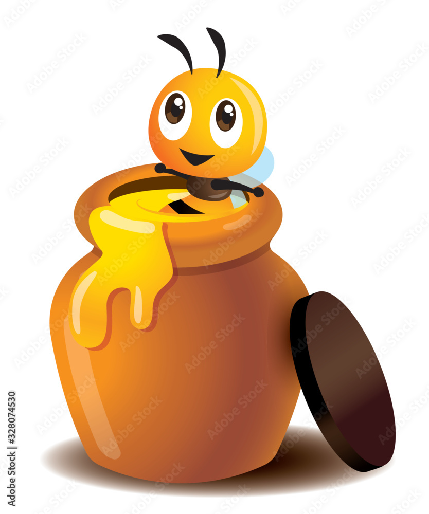 Vecteur Stock Cartoon cute bee enjoy soaking in a honey pot. Fresh honey  leaking out from pot. Cute bee sitting in a fresh honey jar - vector  character | Adobe Stock