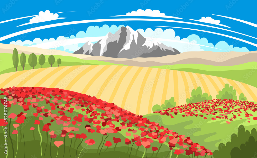 Bright Summer beautiful landscape with poppy field, trees and blue sky