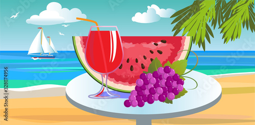 Still life with watermelon, grapes and a drink in a glass on a table under palm trees by the sea. A sailboat and seagulls are visible in the distance. The concept of a pleasant holiday by the sea