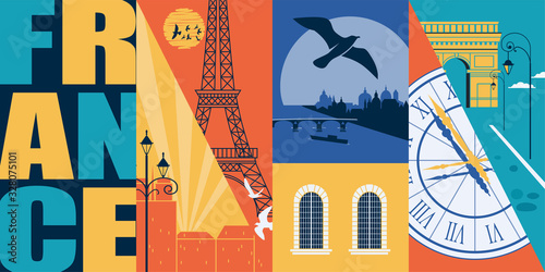 Paris, France vector skyline illustration, postcard. Travel to France modern flat graphic design element
