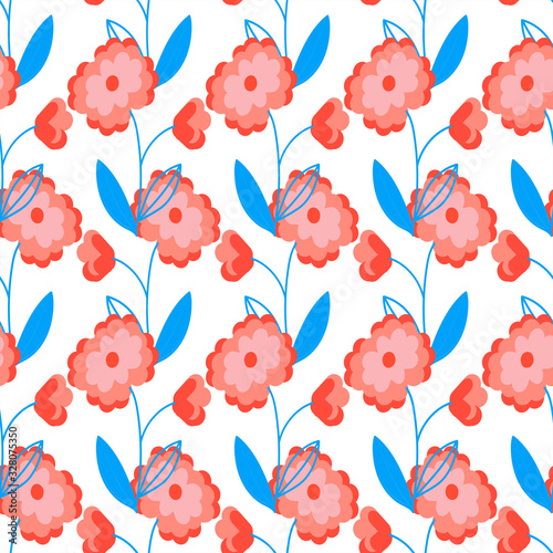 Vector pink-blue abstract flowers on a white background seamless pattern.Bright summer floral ornament  for fabric invitations  wrapping paper background for web pages and other materials.