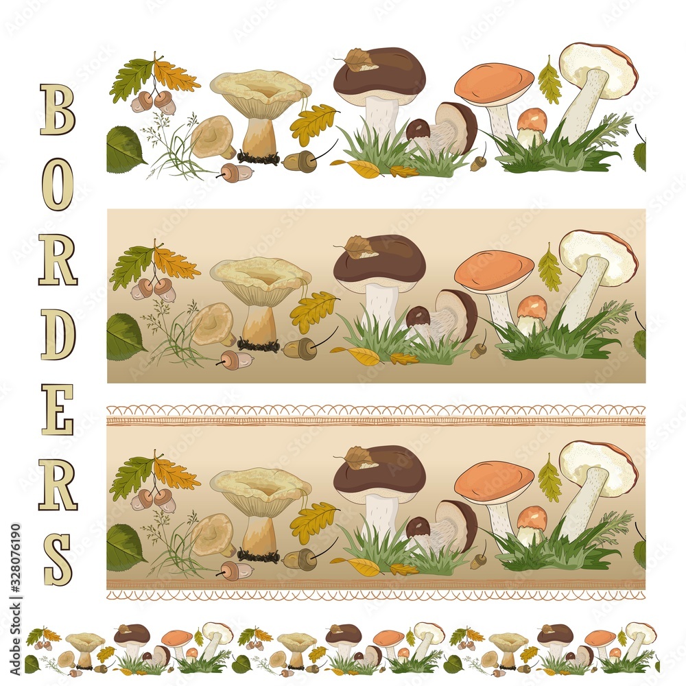 Set of seamless horizontal borders with edible forest mushrooms.