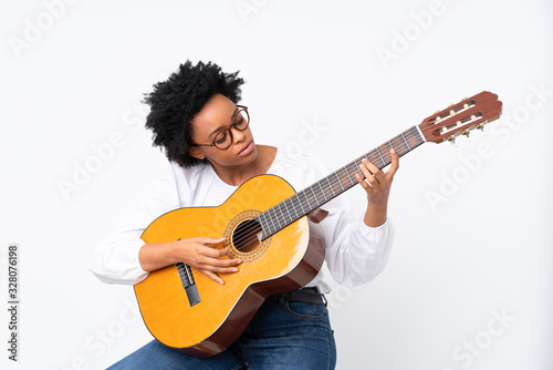 African american woman with guitar over isolated background