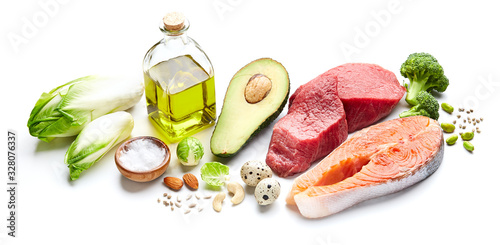 Fotografie Keto food on white background. Keto concept