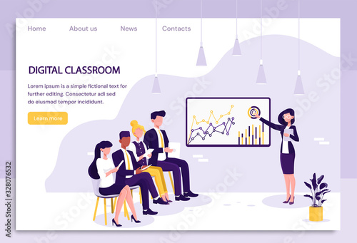 Fototapeta Naklejka Na Ścianę i Meble -  Group of businesspeople in a digital classroom being taught by a woman using a large flat screen with statistical charts, colored vector illustration with text space