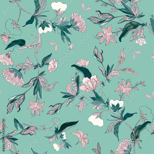 Delicate floral ornament of branches, leaves and inflorescences on a pink background. Seamless pattern.