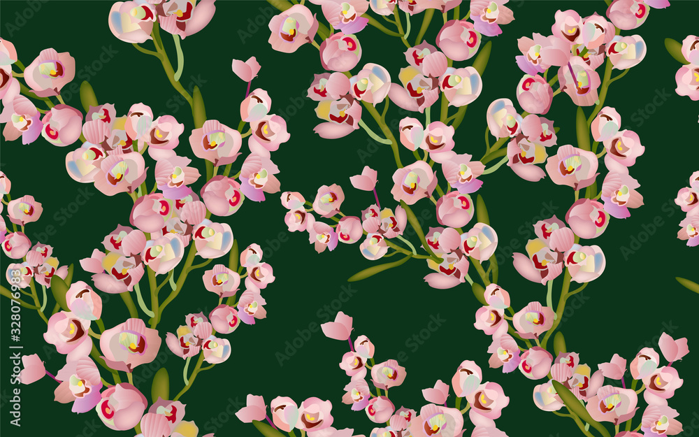 Fototapeta premium Delicate pink flowers on a tree branch, petals and inflorescences on a white background seamless pattern.