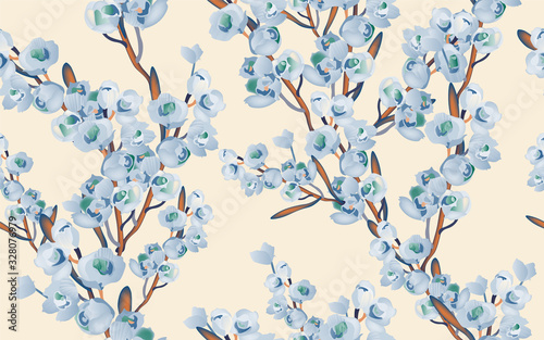 Delicate pink flowers on a tree branch, petals and inflorescences on a white background seamless pattern.