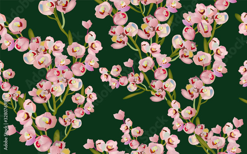 Delicate pink flowers on a tree branch, petals and inflorescences on a white background seamless pattern.