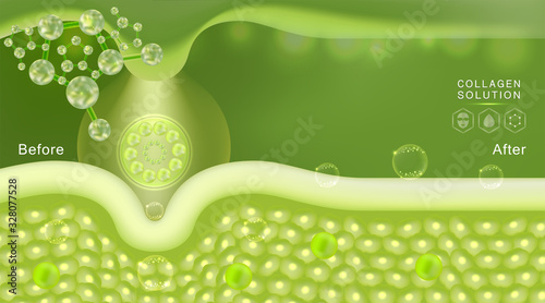 Hyaluronic acid before and after skin solutions ad, green collagen serum drop with cosmetic advertising background ready to use, illustration vector.	