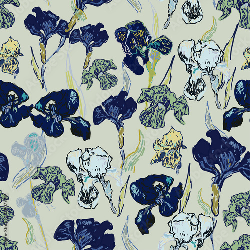 Irises flowers. Vector illustration, seamless pattern based on the oil painting of Van Gogh.