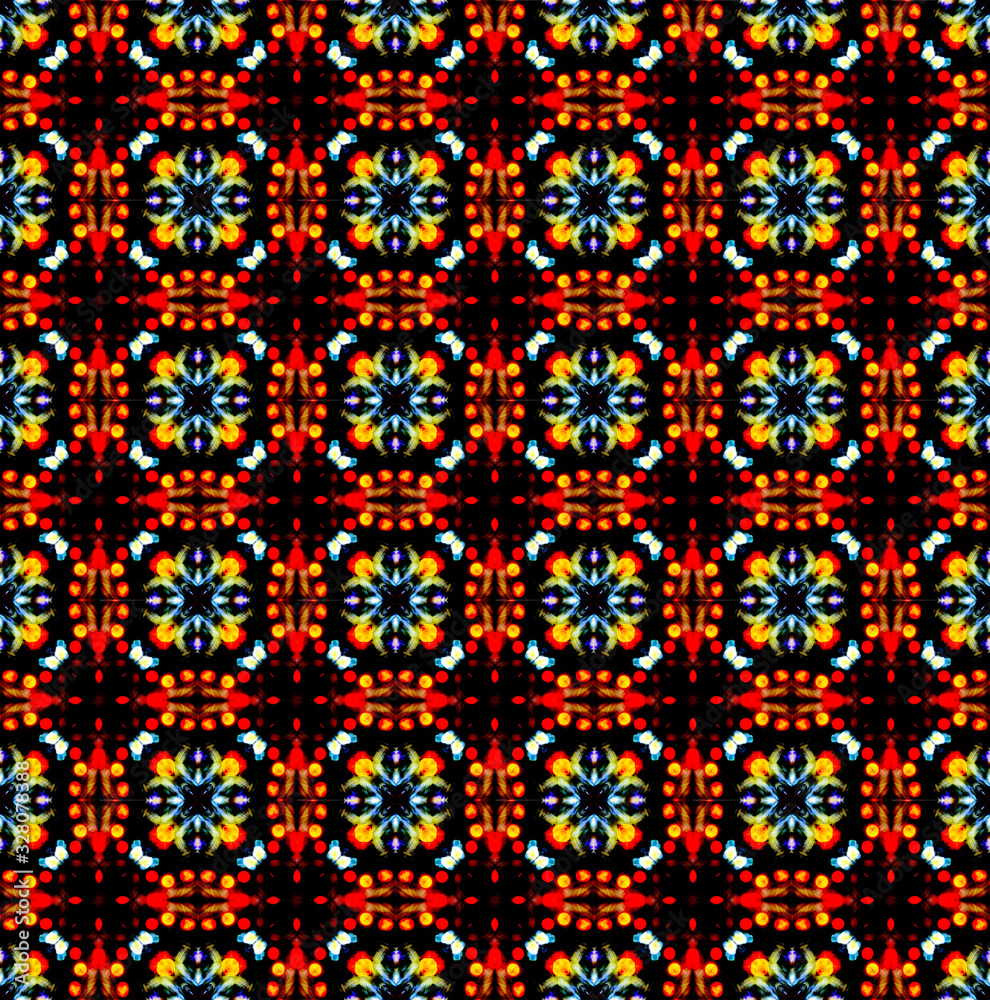 Pattern mandala kaleidoscope Abstract geometric colorful seamless background . Cross repeated squares and blocks background.