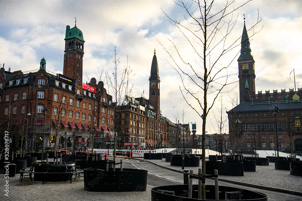 Naklejka premium City Hall Square in Copenhagen, Denmark. February 2020