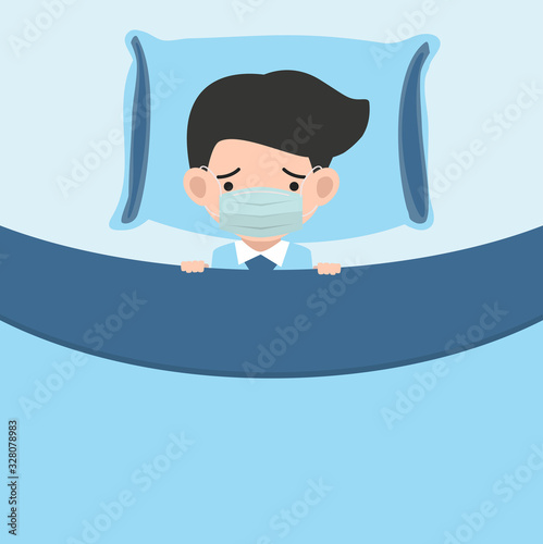 Sick businessman with medical mask in bed