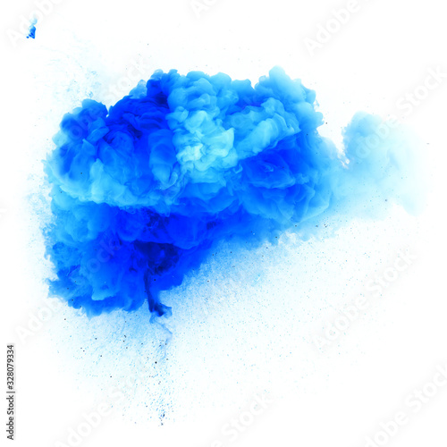 Blue gas explosion with sparks and smoke, against white background