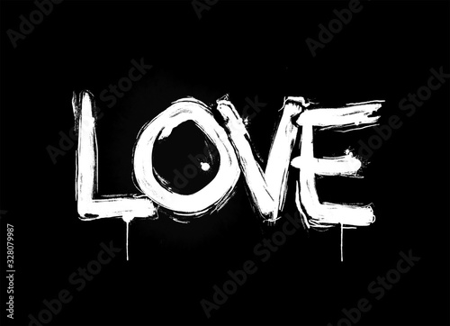 Love and affection as negative emotion and miserable feeling. Grunge, gritty, dirty and messy illustration of painted text, smudges, stains and dirty blot on black background.