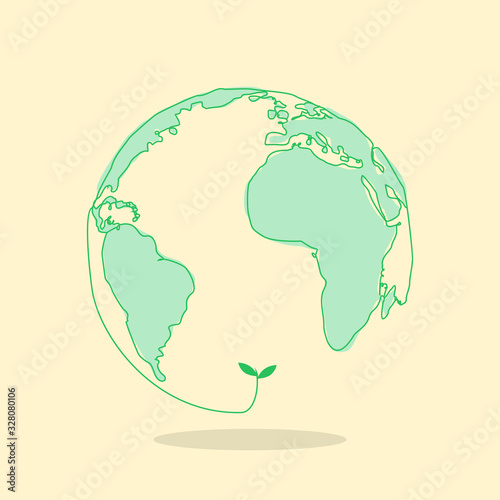 sustainable developmet eco friendly renewable energy concept one line globe drawing with fresh plant flat style illustration photo