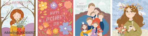 Happy mother's day! Vector illustration of mom with flowers, floral frame with text and cute family hugging. Drawing for card, postcard or background.