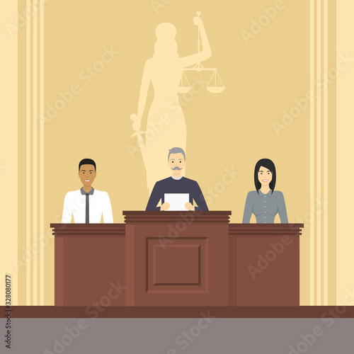Cartoon Color Court Building Inside Interior with People. Vector