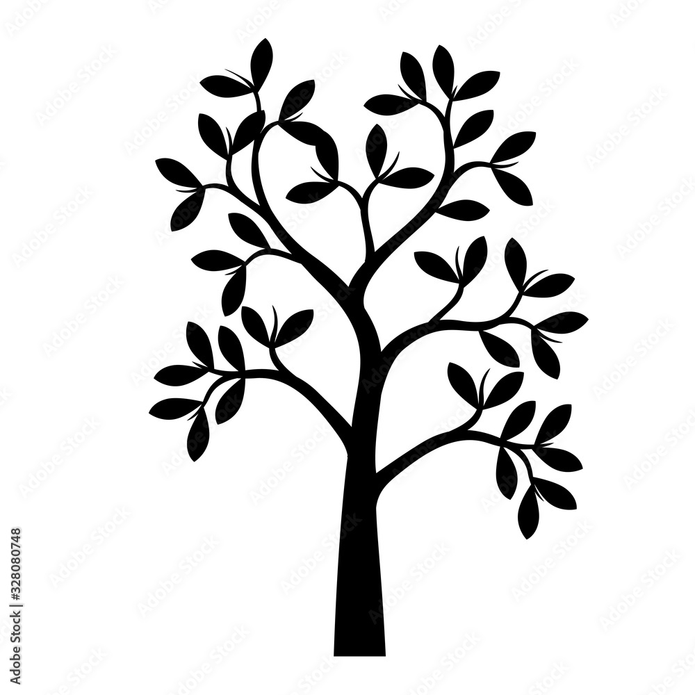 Black Tree and Leaves. Vector outline Illustration. Black Tree and Leaves. Vector outline Illustration.