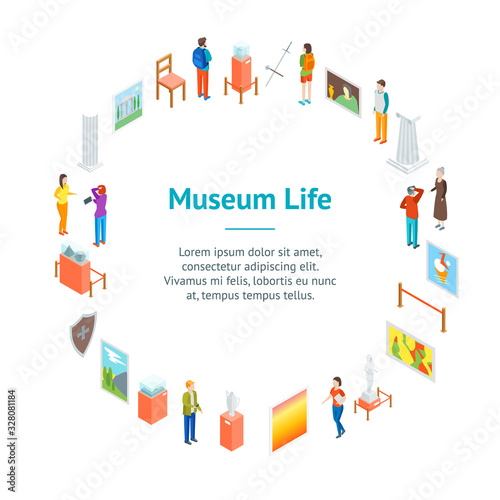 Museum Hall Interior Banner Card Circle Isometric View. Vector