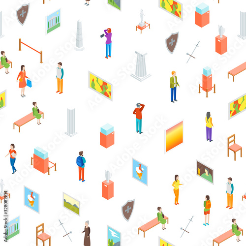 Museum Hall Seamless Pattern Background Isometric View. Vector
