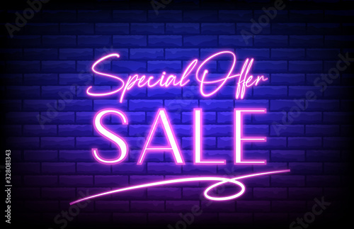 abstract background of special offer neon sign with brick wall
