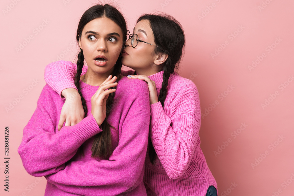 Image of two happy teenage girls with braids gossiping together Image of two happy teenage girls with braids gossiping together