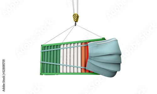 Irealnd flag cargo shipping container with protective mask. 3D Render photo