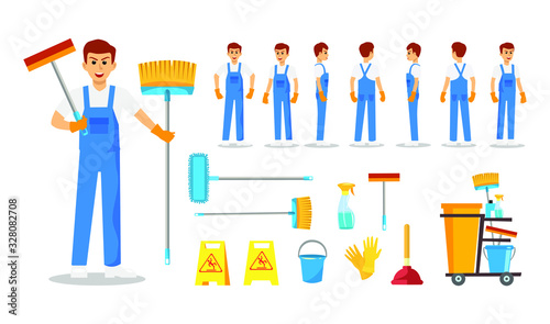 Set of cleaning man staff character vector design. Presentation in various action with emotions, running, standing and walking.
