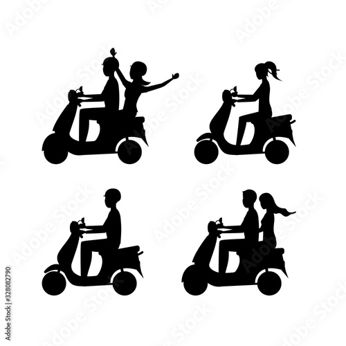 Cartoon Silhouette Black Characters Group of People Riding Motorcycle Set. Vector