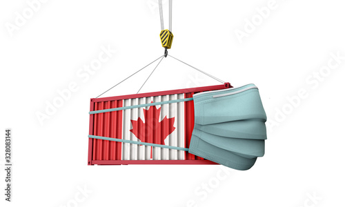 Canada flag cargo shipping container with protective mask. 3D Render